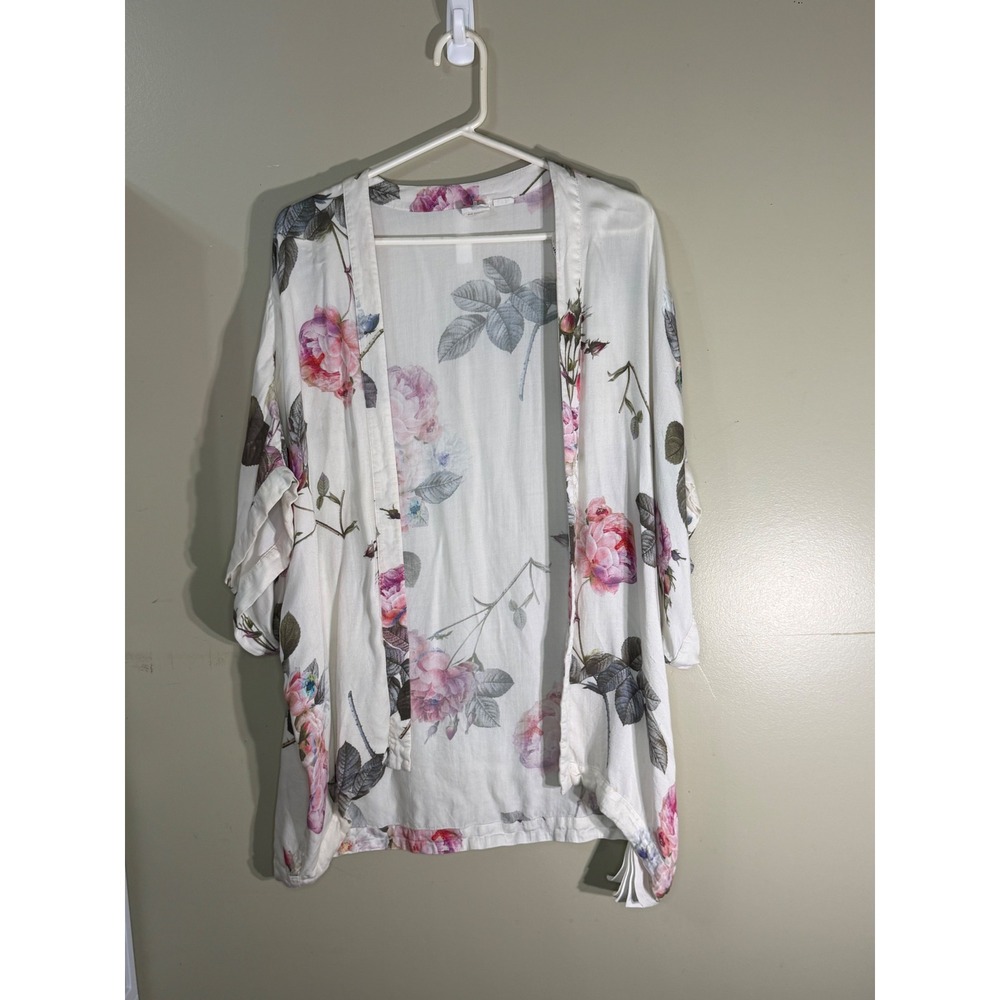 Some Days Lovin Floral Kimono Cardigan White Pink Rose Print Viscose Size M